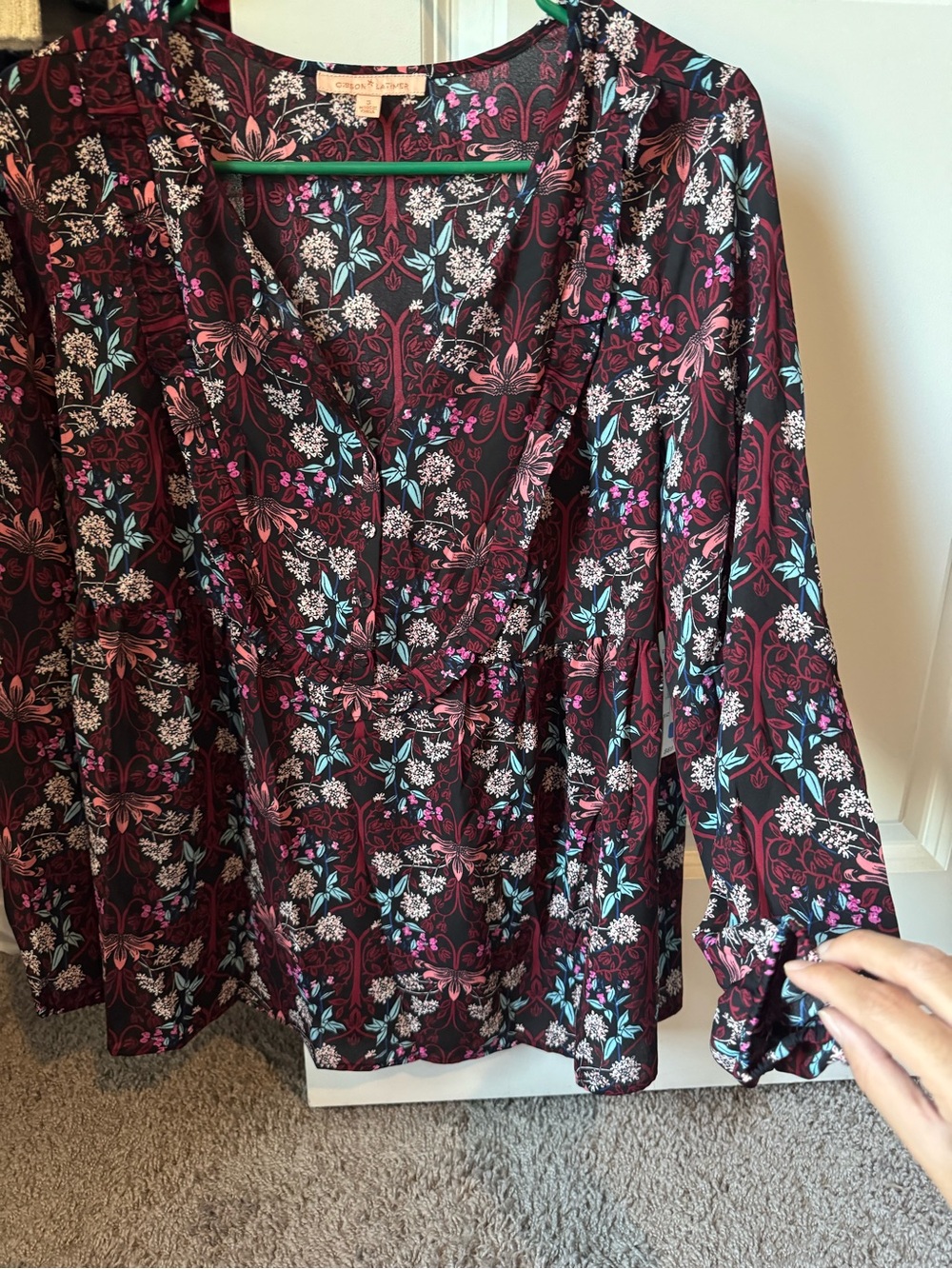 Gibson Latimer Black and burgundy Floral V-Neck blouse with Teal & Pink Accents